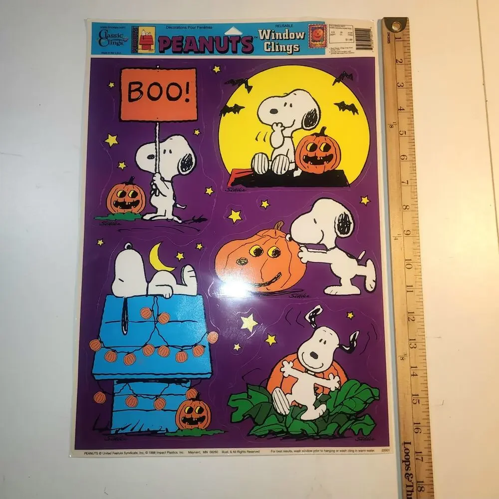 vintage Peanuts Halloween static window clings pumpkin Snoopy moon stars holiday